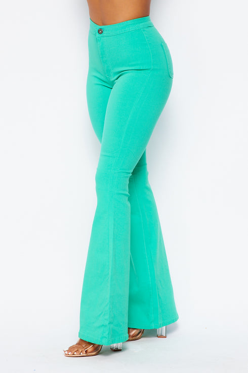 High Waisted Stretchy Bell Bottom Jeans - Mint - SohoGirl.com